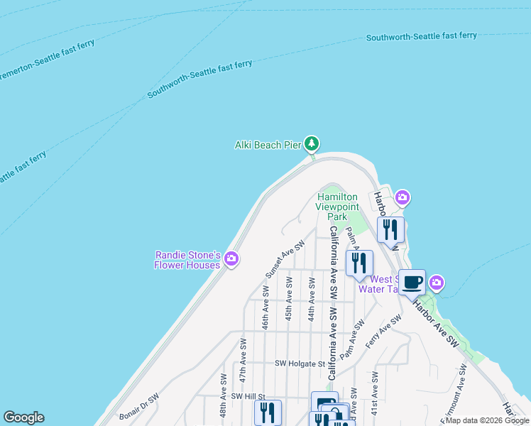 map of restaurants, bars, coffee shops, grocery stores, and more near 1300 Alki Avenue Southwest in Seattle