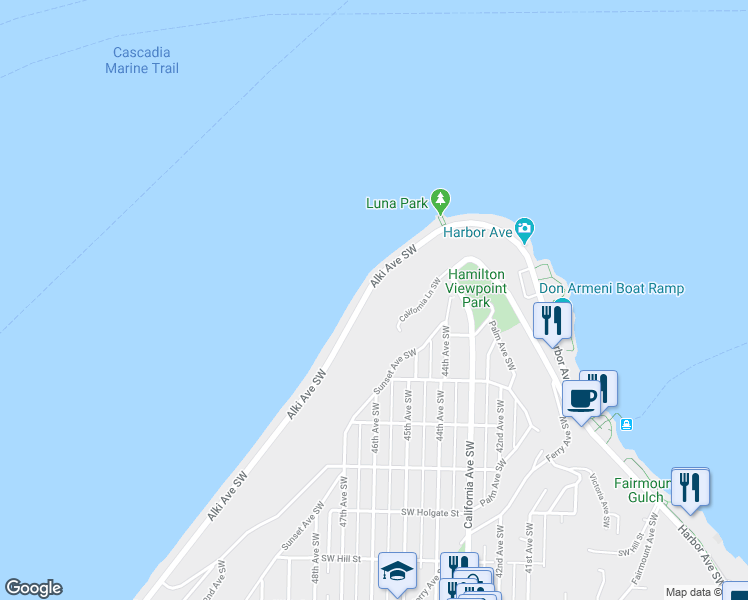 map of restaurants, bars, coffee shops, grocery stores, and more near 1300 Alki Avenue Southwest in Seattle