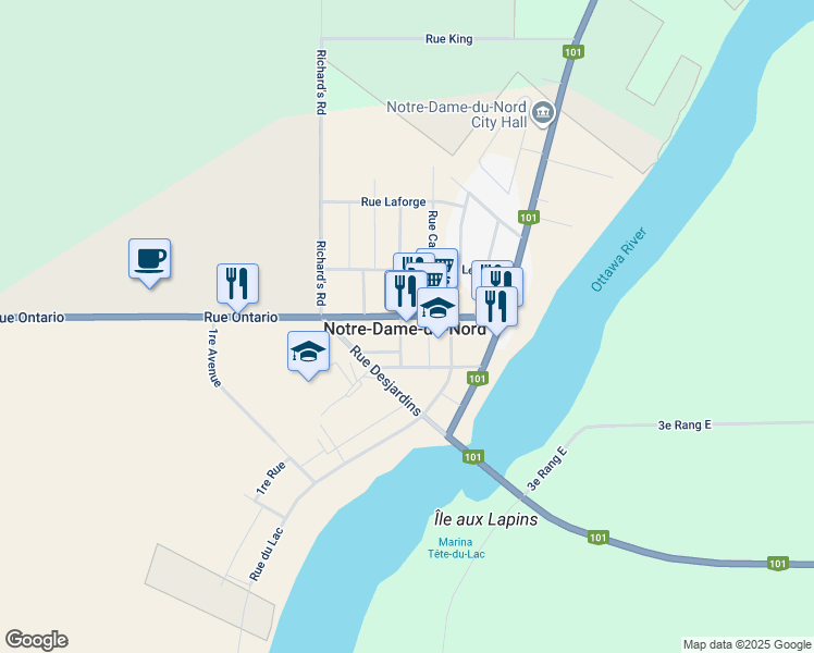 map of restaurants, bars, coffee shops, grocery stores, and more near 31 Rue Ontario in Notre-Dame-du-Nord