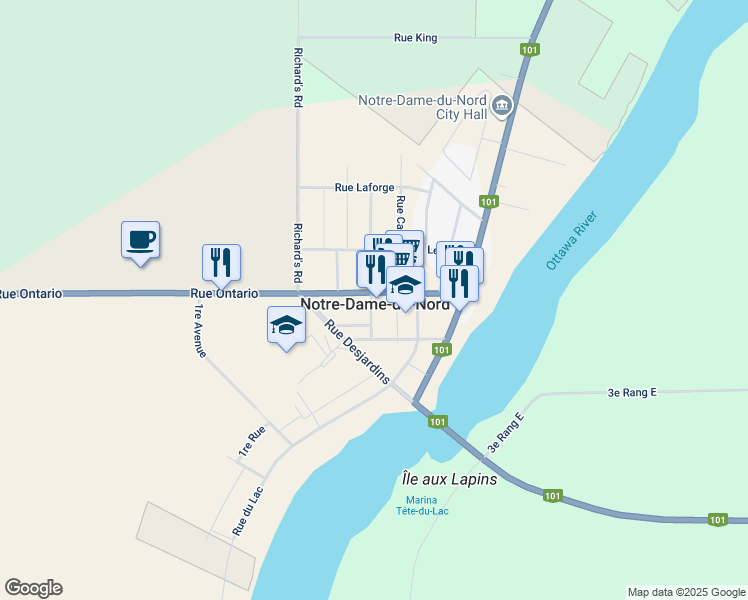 map of restaurants, bars, coffee shops, grocery stores, and more near 31 Rue Ontario in Notre-Dame-du-Nord