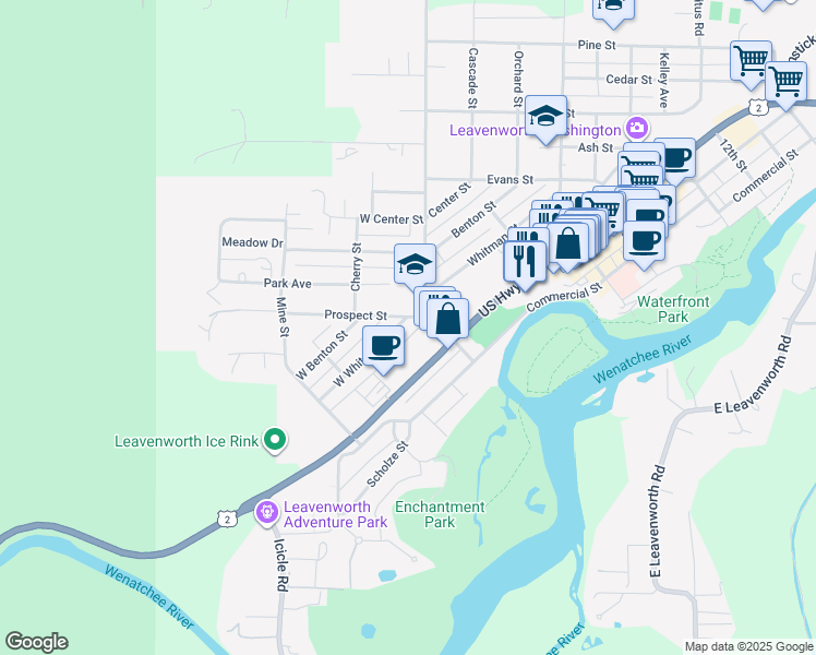 map of restaurants, bars, coffee shops, grocery stores, and more near 128 Prospect Street in Leavenworth
