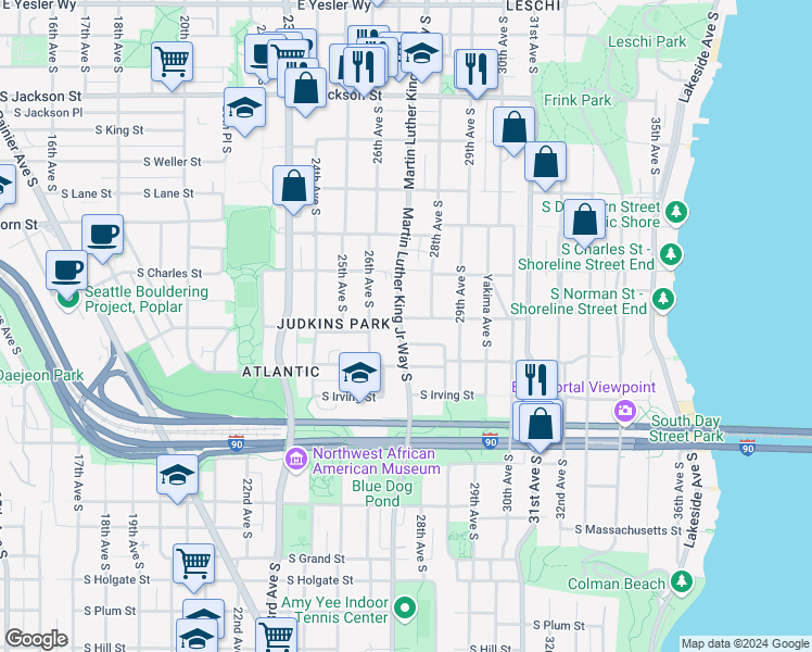 map of restaurants, bars, coffee shops, grocery stores, and more near 939 Martin Luther King Junior Way South in Seattle