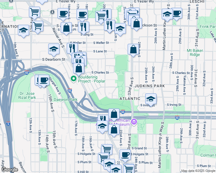map of restaurants, bars, coffee shops, grocery stores, and more near 2015 South Ingersoll Place in Seattle