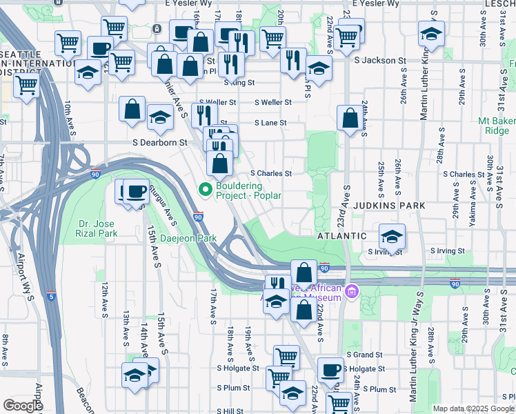 map of restaurants, bars, coffee shops, grocery stores, and more near 925 Hiawatha Place South in Seattle
