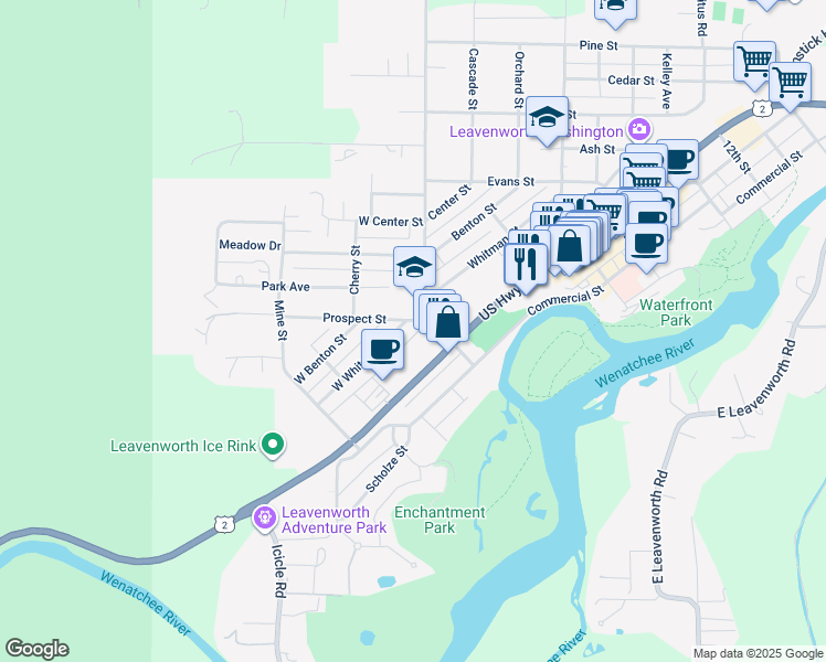 map of restaurants, bars, coffee shops, grocery stores, and more near 103 Prospect Street in Leavenworth