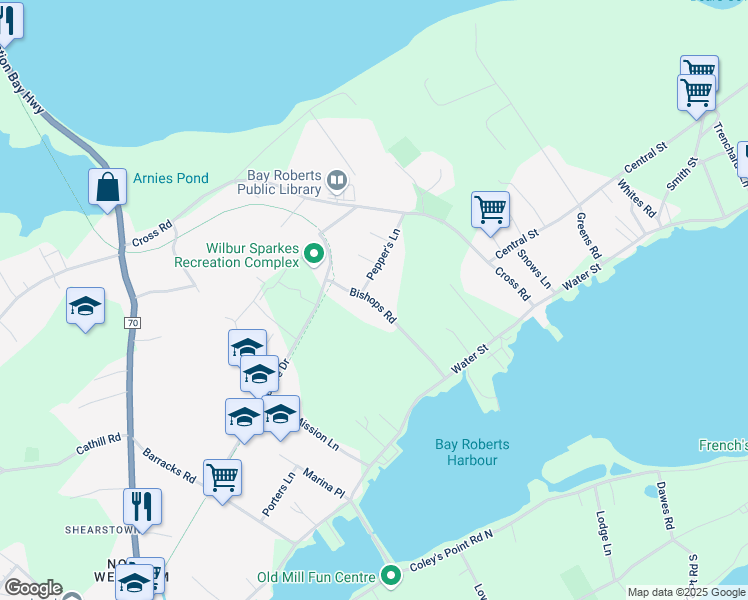 map of restaurants, bars, coffee shops, grocery stores, and more near Bishops Road in Bay Roberts