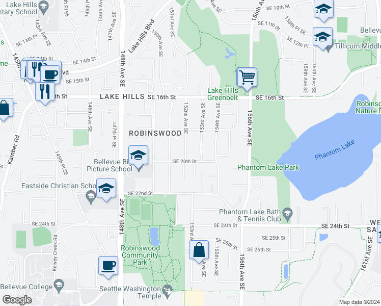map of restaurants, bars, coffee shops, grocery stores, and more near 1846 152nd Avenue Southeast in Bellevue