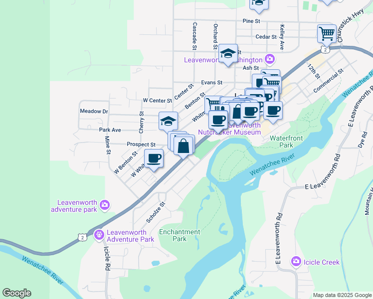 map of restaurants, bars, coffee shops, grocery stores, and more near 300 U.S. 2 in Leavenworth