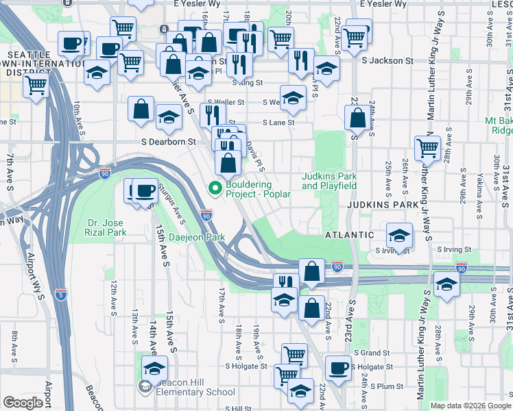 map of restaurants, bars, coffee shops, grocery stores, and more near 999 Hiawatha Place South in Seattle