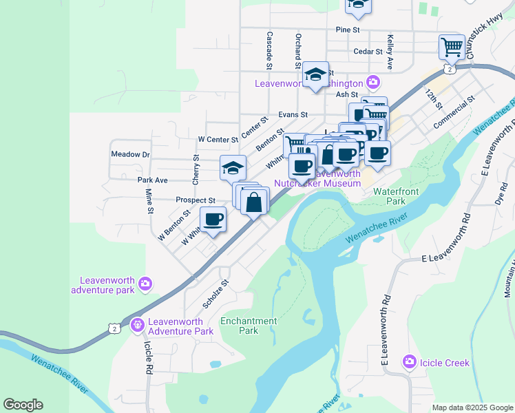 map of restaurants, bars, coffee shops, grocery stores, and more near 300 U.S. 2 in Leavenworth