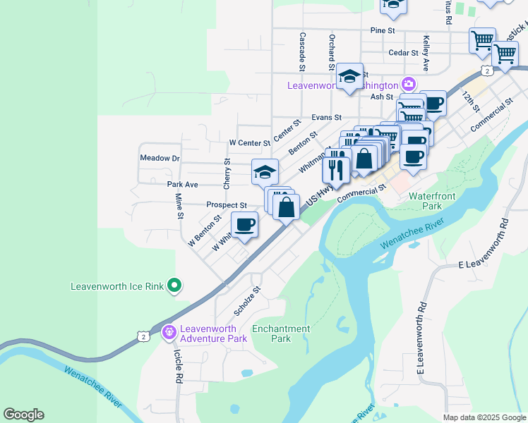 map of restaurants, bars, coffee shops, grocery stores, and more near 103 Prospect Street in Leavenworth
