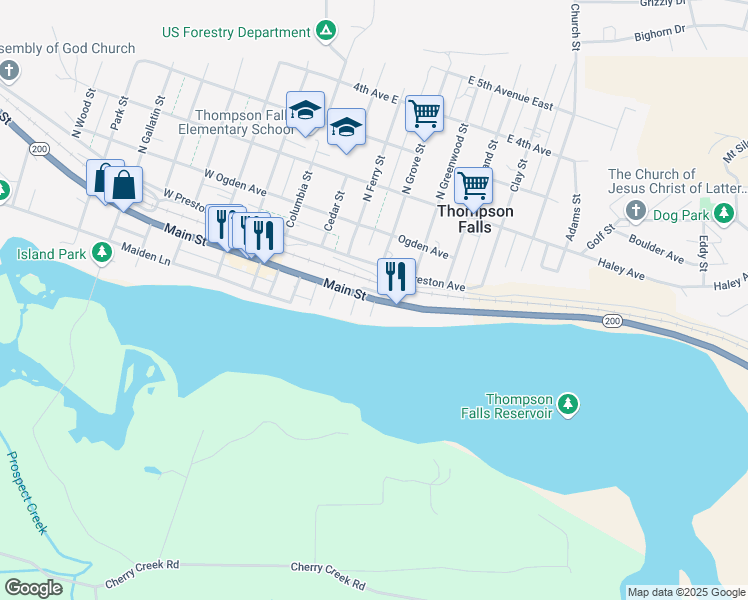 map of restaurants, bars, coffee shops, grocery stores, and more near 101 West Main Street in Thompson Falls