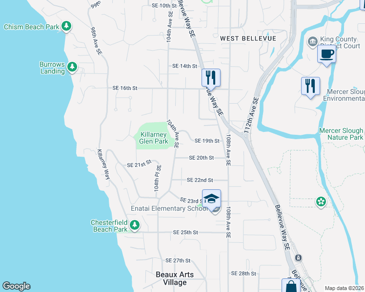 map of restaurants, bars, coffee shops, grocery stores, and more near 1920 104th Avenue Southeast in Bellevue