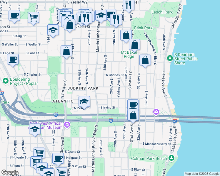 map of restaurants, bars, coffee shops, grocery stores, and more near 932 29th Avenue South in Seattle