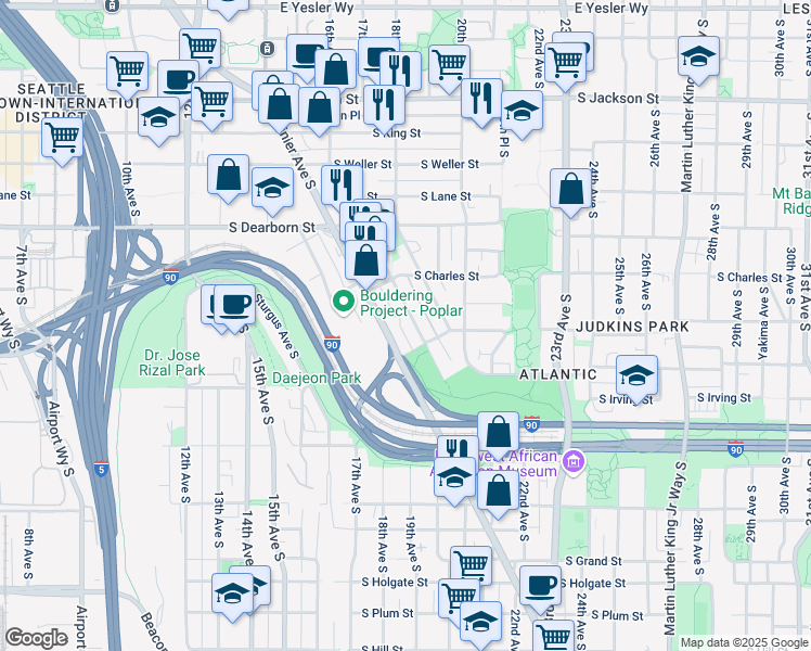 map of restaurants, bars, coffee shops, grocery stores, and more near 925 Hiawatha Place South in Seattle