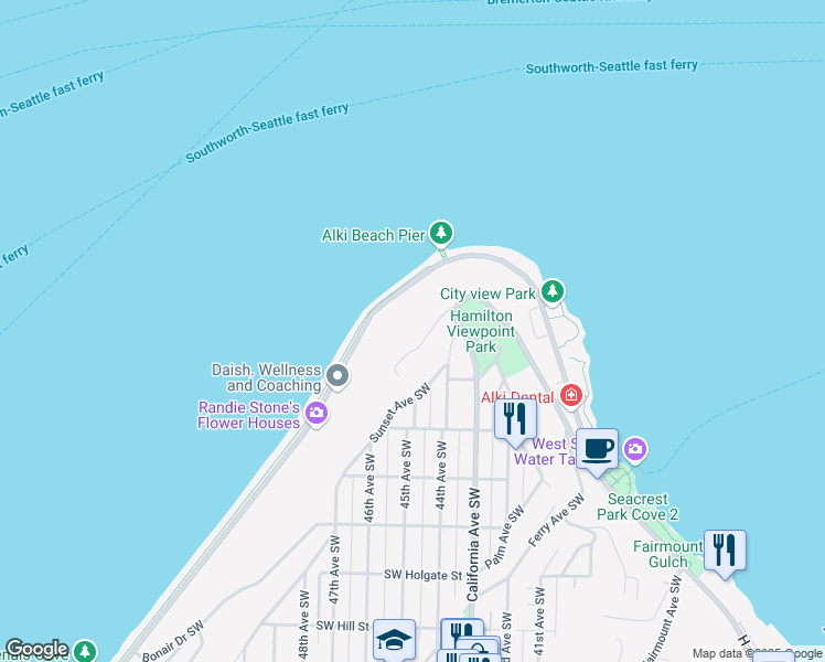 map of restaurants, bars, coffee shops, grocery stores, and more near 1021 California Lane Southwest in Seattle