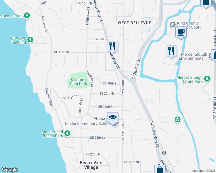 map of restaurants, bars, coffee shops, grocery stores, and more near 10453 Southeast 19th Street in Bellevue