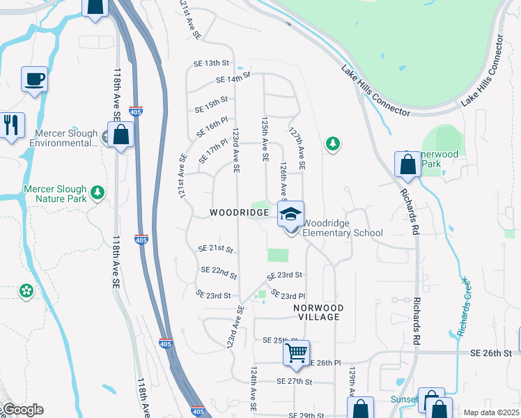 map of restaurants, bars, coffee shops, grocery stores, and more near 1843 125th Avenue Southeast in Bellevue