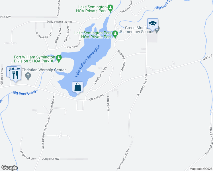 map of restaurants, bars, coffee shops, grocery stores, and more near 3416 That-A-Way Road Northwest in Bremerton