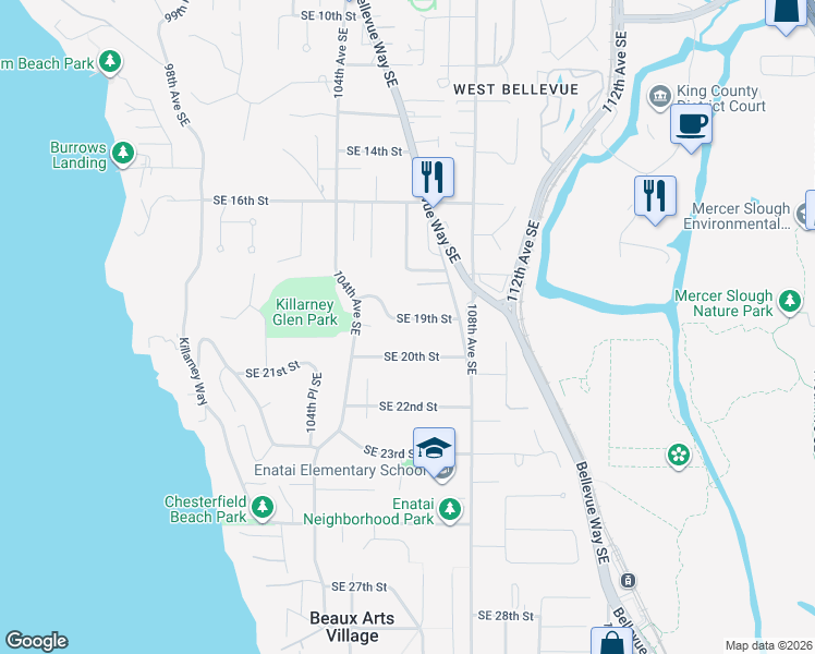 map of restaurants, bars, coffee shops, grocery stores, and more near 10447 Southeast 19th Street in Bellevue
