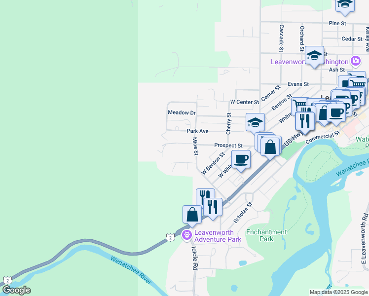 map of restaurants, bars, coffee shops, grocery stores, and more near 263 Mine Street in Leavenworth