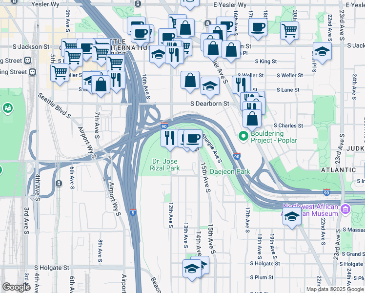 map of restaurants, bars, coffee shops, grocery stores, and more near 600 Golf Drive South in Seattle