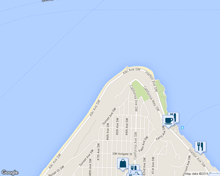 map of restaurants, bars, coffee shops, grocery stores, and more near 1252 Alki Avenue Southwest in Seattle