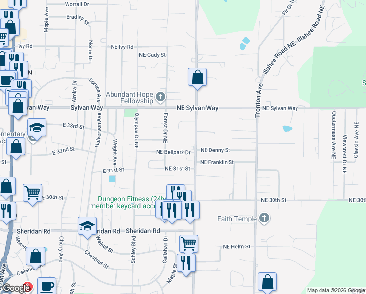 map of restaurants, bars, coffee shops, grocery stores, and more near 3249 Perry Avenue Northeast in Bremerton