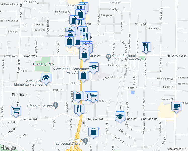 map of restaurants, bars, coffee shops, grocery stores, and more near 3250 Spruce Avenue in Bremerton