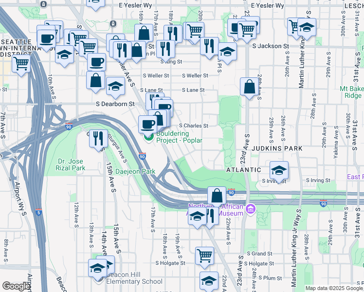 map of restaurants, bars, coffee shops, grocery stores, and more near 944 Hiawatha Place South in Seattle