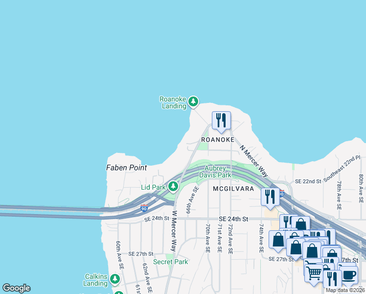 map of restaurants, bars, coffee shops, grocery stores, and more near 1895 West Mercer Way in Mercer Island