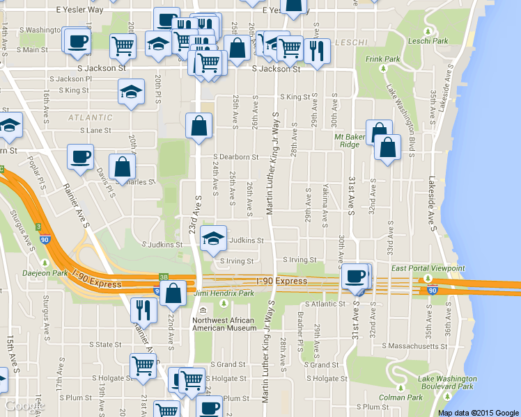 map of restaurants, bars, coffee shops, grocery stores, and more near 939 Martin Luther King Junior Way South in Seattle
