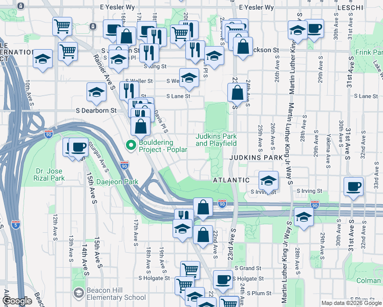 map of restaurants, bars, coffee shops, grocery stores, and more near 2015 South Ingersoll Place in Seattle