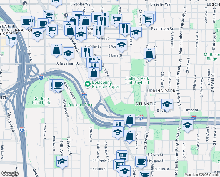 map of restaurants, bars, coffee shops, grocery stores, and more near 925 Hiawatha Place South in Seattle