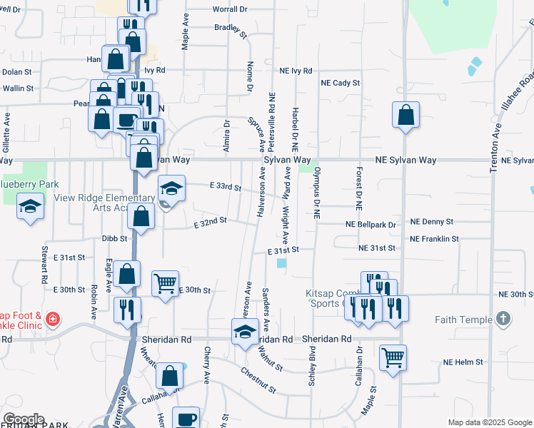 map of restaurants, bars, coffee shops, grocery stores, and more near 3244 Halverson Avenue in Bremerton