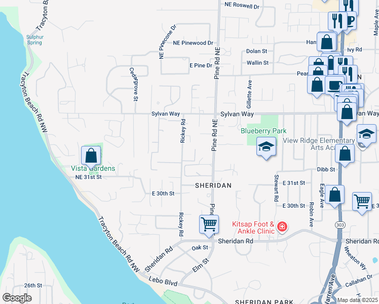 map of restaurants, bars, coffee shops, grocery stores, and more near 3269 Rickey Road in Bremerton
