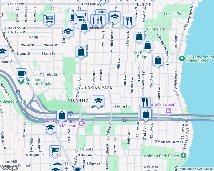 map of restaurants, bars, coffee shops, grocery stores, and more near 939 Martin Luther King Junior Way South in Seattle