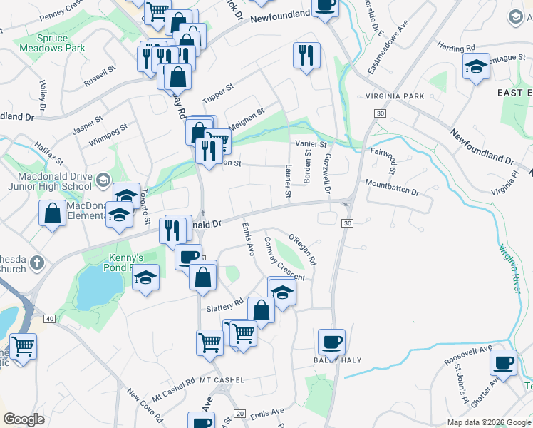 map of restaurants, bars, coffee shops, grocery stores, and more near 61 Macdonald Drive in St. John's