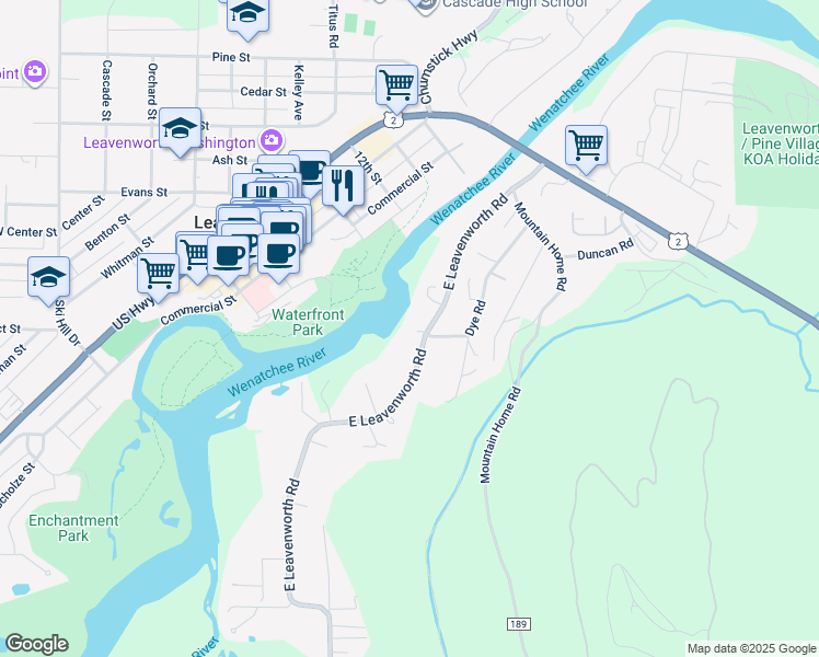 map of restaurants, bars, coffee shops, grocery stores, and more near 9690 East Leavenworth Road in Leavenworth