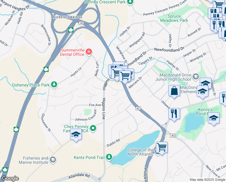 map of restaurants, bars, coffee shops, grocery stores, and more near 15 Bells Turn in St. John's