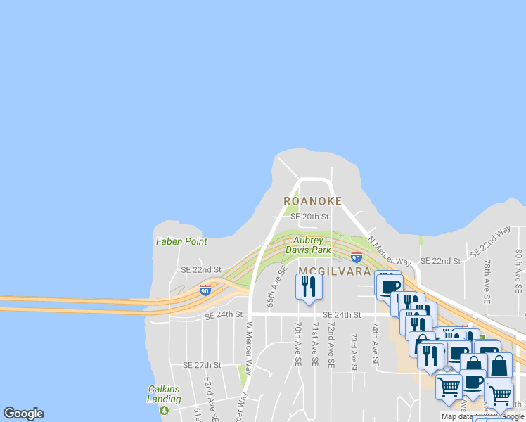 map of restaurants, bars, coffee shops, grocery stores, and more near 1895 West Mercer Way in Mercer Island
