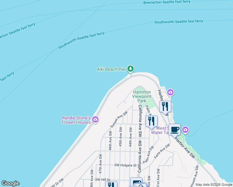 map of restaurants, bars, coffee shops, grocery stores, and more near 1250 Alki Avenue Southwest in Seattle