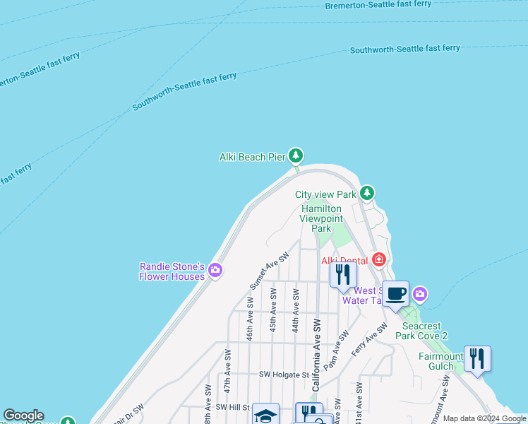 map of restaurants, bars, coffee shops, grocery stores, and more near 1252 Alki Avenue Southwest in Seattle