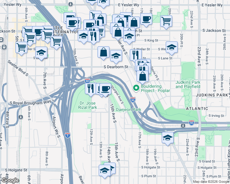 map of restaurants, bars, coffee shops, grocery stores, and more near 1005 Sturgus Avenue South in Seattle