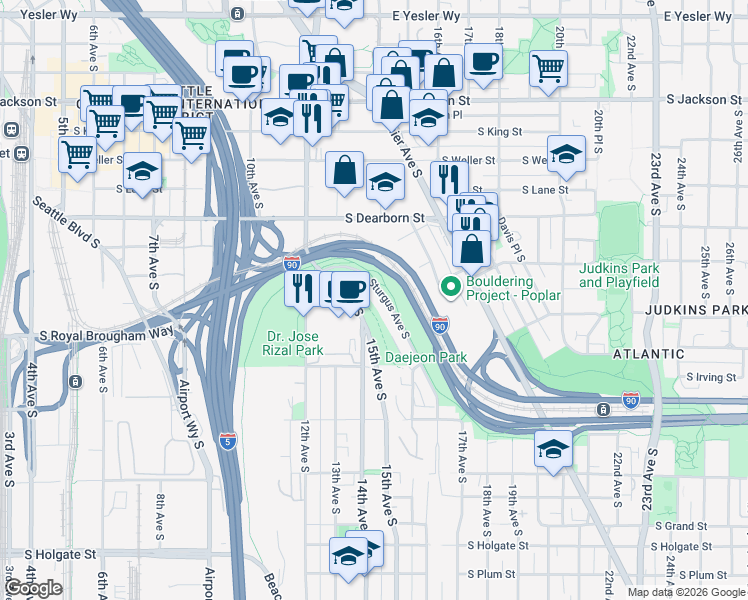 map of restaurants, bars, coffee shops, grocery stores, and more near 1005 Sturgus Avenue South in Seattle