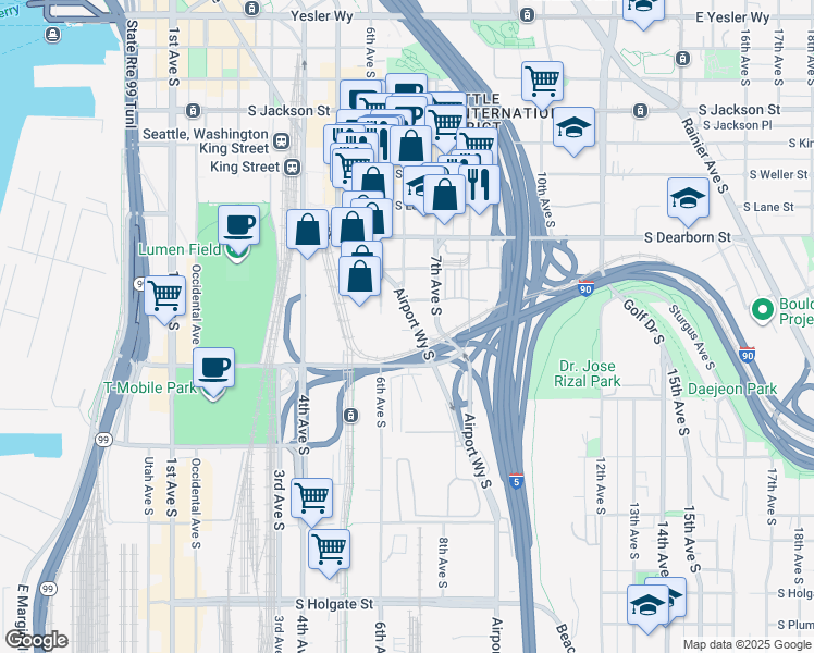 map of restaurants, bars, coffee shops, grocery stores, and more near 1031 Airport Way South in Seattle