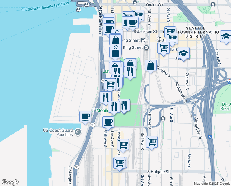 map of restaurants, bars, coffee shops, grocery stores, and more near 1022 1st Avenue South in Seattle