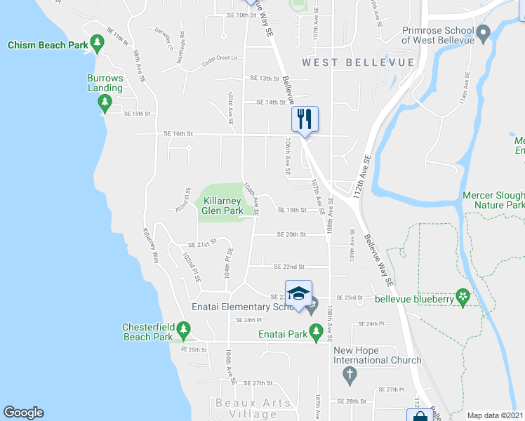 map of restaurants, bars, coffee shops, grocery stores, and more near 1920 104th Avenue Southeast in Bellevue