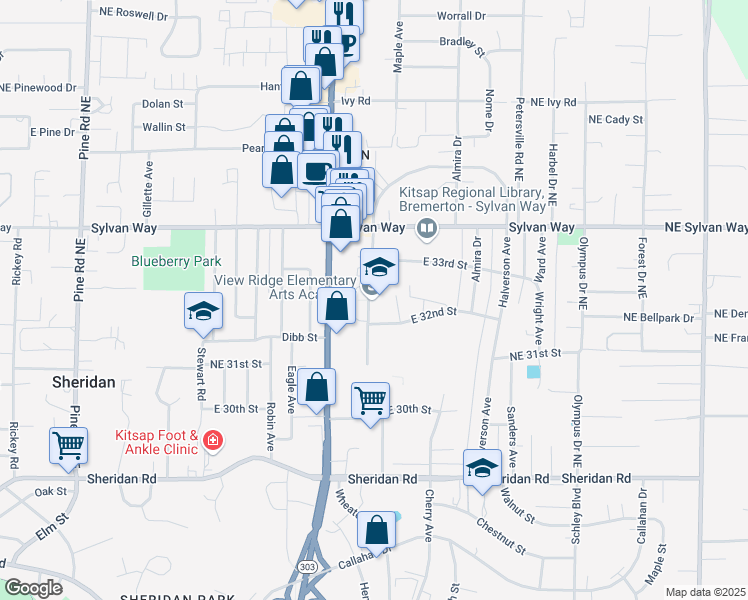 map of restaurants, bars, coffee shops, grocery stores, and more near 3250 Spruce Avenue in Bremerton