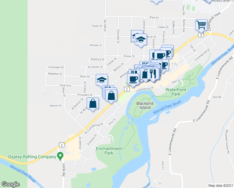 map of restaurants, bars, coffee shops, grocery stores, and more near 590 U.S. 2 in Leavenworth